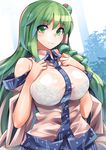  bangs blush bra breasts closed_mouth commentary_request detached_sleeves frog_hair_ornament green_eyes green_hair hair_ornament highres japanese_clothes kochiya_sanae large_breasts long_hair nontraditional_miko see-through shirt smile snake_hair_ornament solo touhou umigarasu_(kitsune1963) underwear upper_body wide_sleeves 