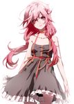  3: backlighting bangs black_dress breasts closed_mouth collarbone dress g.g.lemon guilty_crown hair_between_eyes hair_ornament highres long_hair looking_to_the_side low_twintails pink_eyes pink_hair simple_background small_breasts solo twintails upper_body white_background yuzuriha_inori 