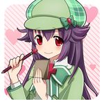 border buttons collared_dress detective diagonal_stripes dress eyebrows_visible_through_hair eyelashes fingernails gem green_dress green_ribbon hair_between_eyes hands_up hat hat_ribbon heart heart_background hercule_barton holding holding_pen long_hair long_sleeves looking_at_viewer mugi_(iccomae) neck_ribbon notepad outside_border pen pink_background plaid plaid_hat purple_hair red_eyes ribbon rounded_corners smile solo striped striped_background tantei_opera_milky_holmes tareme uniform upper_body white_border 