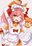  ;d animal_ears apron arm_up armpits bad_id bad_pixiv_id bangs bell bell_collar blurry blush bow bowtie breasts cat_hair_ornament claws cleavage collar eyebrows_visible_through_hair fang fate/extra fate/grand_order fate_(series) fox_ears fox_tail gloves hair_between_eyes hair_bow hair_ornament highres jingle_bell knees_together leg_garter looking_at_viewer maid_headdress medium_breasts naked_apron one_eye_closed open_mouth paw_gloves paw_print paws pink_hair pocket ponytail red_bow ribbon_trim sakurano_shiyue sash simple_background smile solo tail tamamo_(fate)_(all) tamamo_cat_(fate) white_bow yellow_eyes 
