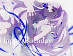  blue_ribbon blurry braid closed_mouth crying crying_with_eyes_open dress g.g.lemon happy_birthday highres interlocked_fingers kakumeiki_valvrave lieselotte_w_dorssia light_smile long_hair looking_at_another lying on_back out_of_frame purple_eyes purple_hair ribbon solo_focus tears twintails very_long_hair white_dress 