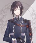  black_gloves black_hair closed_mouth commentary_request double-breasted eyebrows_visible_through_hair gloves holding imi_fumei light_smile looking_at_viewer male_focus military military_uniform silver_eyes solo touken_ranbu uniform upper_body yagen_toushirou 