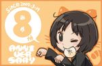  amagami animal_ears anniversary baozi brown_eyes cat_ears cat_tail chibi commentary_request food food_in_mouth jacket long_sleeves mouth_hold one_eye_closed orange_background otoufu paw_pose school_uniform short_hair smile solo tachibana_miya tail translation_request upper_body 