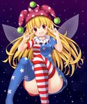  :d absurdres alternate_legwear american_flag_dress american_flag_legwear bangs blonde_hair blush breasts clownpiece convenient_leg double_v dress fairy_wings hat highres jester_cap long_hair looking_at_viewer medium_breasts neck_ruff open_mouth polka_dot red_eyes short_dress short_sleeves smile solo star star_print striped striped_legwear suigetsu_(watermoon-910) thighhighs touhou v wings 