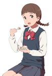  absurdres bangs blouse blue_skirt blunt_bangs braid brown_eyes brown_hair cake check_commentary collared_blouse commentary commentary_request eating food fork fruit highres holding holding_fork holding_plate kimi_no_na_wa legs_together long_sleeves looking_at_viewer mole mole_under_eye natori_sayaka open_mouth plate pleated_skirt school_uniform simple_background sitting skirt smile solo strawberry sweater_vest twin_braids white_background white_blouse youmak 