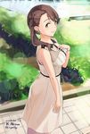  akino_komichi artist_name black_hair brown_hair earrings green_eyes hair_ornament idolmaster idolmaster_cinderella_girls jewelry long_hair nishikawa_honami smile solo 