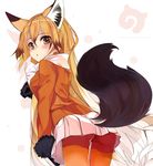  animal_ears ass black_gloves blonde_hair blush breasts copyright_name cowboy_shot ezo_red_fox_(kemono_friends) fox_ears fox_tail from_behind fur_trim gloves gradient_legwear hair_between_eyes jacket japari_symbol kemono_friends long_hair long_sleeves looking_at_viewer medium_breasts multicolored_hair orange_legwear pantyhose pleated_skirt shirokitsune skirt solo standing tail white_skirt 