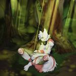  angiewolf anthro black_nose canine day detailed_background digitigrade dog eyes_closed forest fur grass headphones mammal markings moss nude outside sitting solo spread_legs spreading tree white_fur 