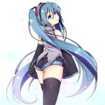  ass bad_id bad_pixiv_id blue_eyes blue_hair commentary_request detached_sleeves from_behind hatsune_miku headphones hikataso long_hair looking_at_viewer looking_back short_shorts shorts solo thighhighs twintails very_long_hair vocaloid white_background 