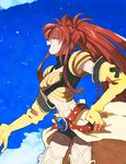 belt boots breasts choker cleavage elbow_gloves eyes_closed gloves midriff nanaly_fletch navel open_mouth red_hair short_shorts shorts tales_of_(series) tales_of_destiny_2 thigh_boots twintails very_long_hair 