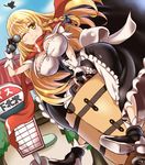  ;) bangs black_footwear black_gloves blonde_hair blue_bow blue_ribbon blush bow braid breasts building bus_stop cleavage closed_mouth commentary_request cookie_(touhou) day enperuto_(yarumi) eyebrows_visible_through_hair gloves hair_between_eyes hair_bow holding holding_eyewear kirisame_marisa large_breasts long_hair looking_at_viewer mars_(cookie) multiple_girls nadeko_(cookie) one_eye_closed outdoors partly_fingerless_gloves red_scarf reiuji_utsuho ribbon scarf shoes short_sleeves side_braid silhouette single_braid smile sparkle suitcase sunglasses touhou 