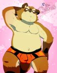  2014 anthro belly blush bulge canine clothing japanese_text male mammal moobs navel overweight overweight_male simple_background solo tanuki text underwear wdh3905 won7373kr 