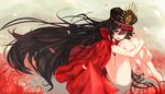 :d ass black_hair blush breasts cape family_crest fate/grand_order fate_(series) flower hat koha-ace long_hair looking_at_viewer naked_cape oda_nobunaga_(fate) oda_uri open_mouth red_eyes shionji_ax sitting small_breasts smile solo very_long_hair 
