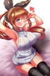  aqua_eyes armpits black_legwear blush breasts brown_hair clarisse_(granblue_fantasy) granblue_fantasy green_eyes hair_ribbon heart highres kneehighs long_hair meme_attire one_eye_closed orange_hair ponytail ribbon sideboob smile solo stir255 thighhighs virgin_killer_sweater 