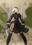  1girl black_dress black_hairband blindfold cleavage_cutout dress dual_wielding feather-trimmed_sleeves hairband highres long_sleeves mole mole_under_mouth nier_(series) nier_automata pod_(nier_automata) psyk solo_focus sword thighhighs thighhighs_under_boots weapon yorha_no._2_type_b 