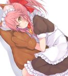  3: animal_ears apron bell bell_collar blush bow collar commentary_request dress fang fate/extra fate/grand_order fate_(series) fox_ears frilled_apron frilled_dress frills gloves hair_bow jingle_bell kurai_masaru looking_at_viewer lying maid maid_headdress on_side paw_gloves paws pink_hair ponytail puffy_sleeves red_bow solo tail tamamo_(fate)_(all) tamamo_cat_(fate) yellow_eyes 