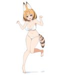  :d animal_ears arm_up bad_feet bad_hands bare_arms bare_legs barefoot bikini blonde_hair blush breasts collarbone full_body highres ichi-jirushi kemono_friends large_breasts leg_up legs looking_at_viewer navel open_mouth paw_pose ribbon serval_(kemono_friends) serval_ears serval_tail short_hair simple_background smile solo stomach swimsuit tail underboob white_background white_bikini yellow_eyes 