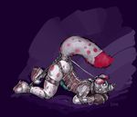  2015 anthro bdsm black_nose blue_penis bondage bound canine digital_drawing_(artwork) digital_media_(artwork) dog english_text erection fur male mammal meiabeau multicolored_fur muzzle_(object) muzzled penis petplay puppyplay purple_background red_fur roleplay rubber simple_background solo spots spotted_fur text turbinedivinity two_tone_fur white_fur 