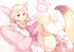  animal_ears blonde_hair blush bow breasts brown_eyes eyebrows_visible_through_hair fennec_(kemono_friends) fox_ears fox_tail gloves highres japari_symbol kanzakietc kemono_friends looking_at_viewer lying medium_breasts multicolored multicolored_clothes multicolored_legwear on_back pillow pink_shirt shirt shoes short_hair simple_background solo tail thighhighs two-tone_legwear yellow_bow 