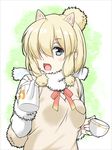  :d alpaca_ears alpaca_suri_(kemono_friends) animal_ears bangs beige_vest blonde_hair blue_eyes blush border breast_pocket breasts cup eyebrows_visible_through_hair fingernails fur-trimmed_sleeves fur_trim gradient_ribbon green_background grey_border hair_bun hair_over_one_eye hair_ribbon hands_up highres holding holding_cup horizontal_pupils japari_symbol kemono_friends large_breasts long_sleeves looking_at_viewer multicolored multicolored_background multicolored_ribbon nayuta69 neck_ribbon open_mouth pocket red_ribbon ribbon shirt short_hair sidelocks simple_background smile solo swept_bangs tareme teacup teapot tress_ribbon two-tone_background upper_body vest white_background white_shirt yellow_ribbon 