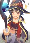  bandages bangs bare_shoulders blush breasts brown_hair cape cleavage collarbone dress eyebrows_visible_through_hair hat holding holding_staff kono_subarashii_sekai_ni_shukufuku_wo! leaning_forward long_sleeves looking_at_viewer medium_hair megumin off_shoulder open_mouth red_eyes sad samaru_(seiga) sidelocks single_thighhigh small_breasts solo staff standing stone_floor strapless strapless_dress thighhighs torn_clothes tube_dress witch_hat 