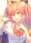  :p animal_ears blush bow bowtie bracelet fate/extella fate/extra fate_(series) fox_ears hair_bow hand_in_hair heart jewelry looking_at_viewer pink_hair ring rope school_uniform shide shimenawa shirt short_sleeves solo tamamo_(fate)_(all) tamamo_jk_(fate) tongue tongue_out torinoko_tamago v white_shirt yellow_eyes 