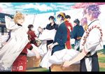  ^_^ artist_name bandana basket black_gloves black_hair blonde_hair blue_eyes brown_hair closed_eyes clothesline gloves grin hachisuka_kotetsu heshikiri_hasebe highres hood japanese_clothes kasen_kanesada kashuu_kiyomitsu ko-man laundry laundry_basket letterboxed male_focus mikazuki_munechika multiple_boys mutsu-no-kami_yoshiyuki nagasone_kotetsu open_mouth petals purple_eyes purple_hair shokudaikiri_mitsutada smile touken_ranbu track_suit tsurumaru_kuninaga white_hair wind yamanbagiri_kunihiro 