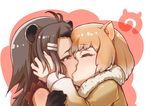  ahoge american_beaver_(kemono_friends) animal_ears bangs beaver_ears black-tailed_prairie_dog_(kemono_friends) blush closed_eyes coat commentary eyebrows_visible_through_hair french_kiss fur_collar gloves gradient_hair grey_hair hair_ornament hairclip half-closed_eyes hand_in_another's_hair hand_on_another's_arm heart heart-shaped_pupils jacket japari_symbol kemono_friends kiss light_brown_hair long_hair multicolored_hair multiple_girls parted_bangs prairie_dog_ears short_hair simple_background squarevr symbol-shaped_pupils tears white_background yuri 