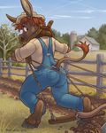  2017 anthro brown_eyes brown_fur brown_hair chewycuticle clothed clothing donkey equine farm farming fur hair hat hooves male mammal outside overalls plow 