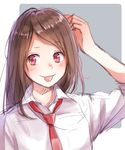  arm_up bad_id bad_pixiv_id blush brown_hair closed_mouth collared_shirt eyebrows_visible_through_hair hami_yura hand_on_head highres long_hair looking_to_the_side necktie original pink_eyes red_neckwear school_uniform shirt sketch smile solo tehepero tongue tongue_out uniform upper_body white_shirt 