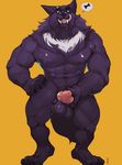  2017 abs anthro balls belly biceps big_biceps big_muscles brown_eyes canine claws front_view fur fur_tuft hand_on_thigh huge_muscles knot looking_at_viewer male mammal muscular muscular_male mystikfox61 nipples nude pecs pink_tongue pose purple_skin saliva sharp_teeth simple_background solo standing teeth tongue tongue_out tuft were werewolf yellow_background 