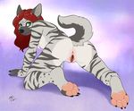  2017 all_fours anthro anus breasts butt conditional_dnp female fur green_eyes grey_fur hair hyena looking_back mammal moodyferret nipples pawpads presenting presenting_hindquarters pussy raised_tail rear_view red_hair simple_background smile solo spread_legs spreading striped_hyena 