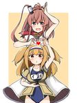  arm_up atsushi_(aaa-bbb) blush breasts brown_hair dress hair_between_eyes hairband heart heart_hands heart_hands_duo i-26_(kantai_collection) kantai_collection large_breasts light_brown_eyes light_brown_hair long_hair looking_at_viewer multiple_girls neckerchief one-piece_swimsuit open_clothes open_mouth ponytail red_neckwear saratoga_(kantai_collection) school_swimsuit short_sleeves side_ponytail sidelocks smile sweatdrop swimsuit swimsuit_under_clothes two-tone_hairband two_side_up white_dress 