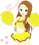  :d blush bow brown_eyes brown_hair cheerleader cowboy_shot crawford_(semochan) headband heart heart_of_string idolmaster idolmaster_(classic) kobe_bryant long_hair los_angeles_lakers midriff minase_iori miniskirt national_basketball_association navel open_mouth pom_poms simple_background skirt smile white_background 