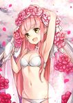  :d arm_up armpits bangs blush bra breasts bridal_veil cleavage eyebrows_visible_through_hair fate/grand_order fate_(series) flower hand_up highres hips long_hair looking_at_viewer medb_(fate)_(all) medb_(fate/grand_order) navel open_mouth panties petals pilokey pink_flower pink_hair sidelocks small_breasts smile solo underwear upper_body veil very_long_hair white_bra white_panties yellow_eyes 