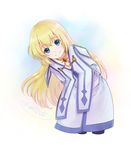  1girl blonde_hair blue_eyes blush capelet collet_brunel dress jewelry long_hair pantyhose smile tales_of_(series) tales_of_symphonia 