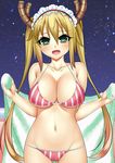  :d ass_visible_through_thighs bikini breasts brown_hair collarbone commentary dragon_girl dragon_horns eyebrows_visible_through_hair fang green_eyes groin hair_between_eyes halterneck handsofmidaz head_tilt highres holding horns kobayashi-san_chi_no_maidragon large_breasts long_hair looking_at_viewer maid_headdress navel night night_sky open_mouth outdoors sky slit_pupils smile solo striped striped_bikini swimsuit tooru_(maidragon) towel twintails very_long_hair 