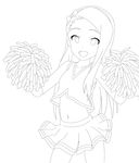  :d blush bow brown_eyes brown_hair cheerleader cowboy_shot crawford_(semochan) greyscale headband idolmaster idolmaster_(classic) lineart long_hair midriff minase_iori miniskirt monochrome navel open_mouth pom_poms simple_background skirt smile white_background 