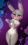  2017 abstract_background absurd_res anthro areola blush breasts captainpudgemuffin disney female fur hi_res judy_hopps lagomorph looking_at_viewer mammal multicolored_fur navel nipples nude pussy rabbit solo two_tone_fur zootopia 