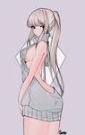  aran_sweater arms_at_sides ass back backless_dress backless_outfit bad_id bad_pixiv_id bangs bare_back bare_shoulders blunt_bangs breasts brown_eyes brown_hair butt_crack chungu drawstring dress eyebrows_visible_through_hair from_behind grey_dress grey_sweater halterneck highres large_breasts legs_together long_hair looking_at_viewer looking_back meme_attire naked_sweater no_bra no_panties original ponytail ribbed_sweater short_dress sideboob sidelocks sleeveless sleeveless_turtleneck solo sweater sweater_dress turtleneck turtleneck_sweater virgin_killer_sweater 