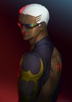  archer daimon560 dark_skin dark_skinned_male emiya_alter fate/grand_order fate_(series) looking_at_viewer male_focus protected_link simple_background smile solo white_hair 