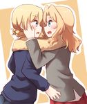  bangs blazer blonde_hair blouse blue_eyes blue_skirt blue_sweater blush braid commentary couple darjeeling eye_contact from_side girls_und_panzer grey_jacket hair_intakes hand_on_another's_face highres jacket kapatarou kay_(girls_und_panzer) long_hair long_sleeves looking_at_another miniskirt multiple_girls open_clothes open_jacket open_mouth pleated_skirt red_skirt saunders_school_uniform scarf school_uniform shared_scarf short_hair skirt smile st._gloriana's_school_uniform standing sweater tied_hair upper_body white_blouse yellow_background yellow_scarf yuri 