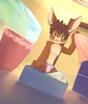  4_fingers anthro briefs brown_fur clothed clothing cub fur green_eyes kneeling lagomorph mammal navel nipples open_mouth rabbit taichiharuki topless trash_can underwear young 