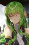  ;o bangs bare_shoulders breasts c.c. code_geass commentary_request creayus detached_sleeves eyebrows_visible_through_hair green_hair long_hair medium_breasts one_eye_closed open_mouth rain sidelocks sleeveless sleeveless_turtleneck triangle_mouth turtleneck upper_body water wet yellow_eyes 