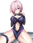  3: bare_shoulders black_gloves choker fate/grand_order fate_(series) fur_trim gloves hair_over_one_eye harimoji highres looking_at_viewer mash_kyrielight navel purple_eyes purple_gloves purple_hair short_hair simple_background sitting solo sweat thigh_strap white_background 
