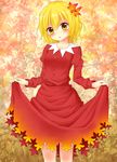  absurdres aki_shizuha blonde_hair breasts dress hair_ornament highres leaf leaf_hair_ornament medium_breasts red_dress red_skirt skirt solo suigetsu_(watermoon-910) touhou yellow_eyes 