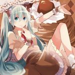  aqua_hair bow green_eyes hair_bow hatsune_miku long_hair looking_at_viewer outstretched_arm sitting skirt socks solo twintails very_long_hair vocaloid yuruno 