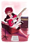  amplifier barefoot biting_tongue blue_eyes bukimi_isan commentary_request crossed_legs guitar highres hood hooded_jacket idolmaster idolmaster_million_live! instrument jacket julia_(idolmaster) music_stand red_hair sheet_music short_hair sitting solo teeth younger 