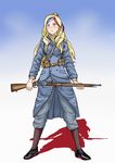  alternate_costume battlefield_(series) battlefield_1 belt blonde_hair blue_hair coat commandant_teste_(kantai_collection) full_body grey_eyes gun kantai_collection lebel_model_1886 long_hair looking_up military military_uniform multicolored_hair owada_(kousonhuchi) ponytail red_hair rifle shadow soldier solo standing streaked_hair uniform weapon white_hair world_war_i 