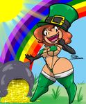  big_breasts breasts cauldron clothed clothing coin digital_media_(artwork) female gloves gold_(metal) gold_coin hair hat humanoid jyto leprechaun mammal not_furry orange_hair panties rainbow simple_background smile solo text treasure underwear 